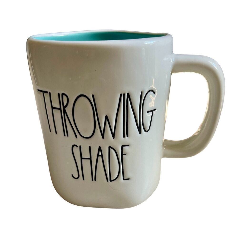 RAE DUNN "THROWING SHADE" Double Sided Coffee Mug Sunglasses Blue Interior